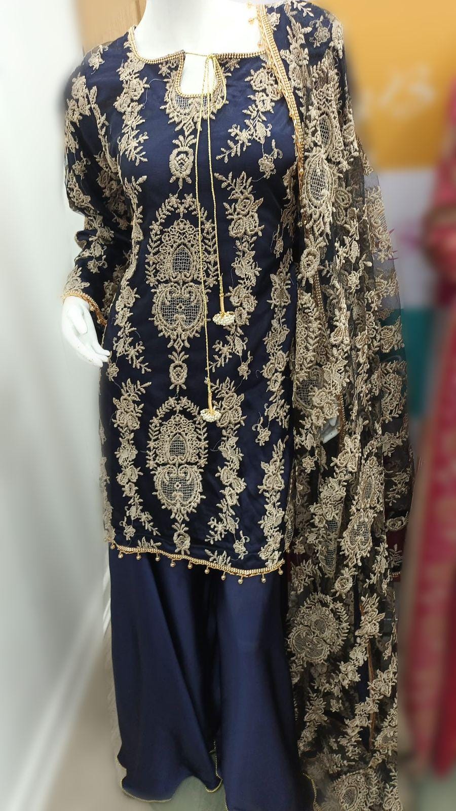 pakistani party wear shadi/wedding/nikah 3 piece plazo-garara-farshi shalwar lehenga garara embroidered suit