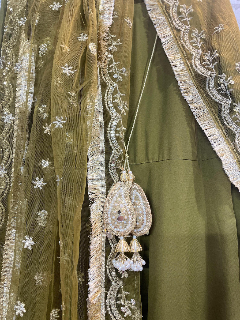 Pakistani Olive Green Angrakha-Anarkali Frock: desi asian Maxi Dress with Sequin Dupatta indian punjabi lovers