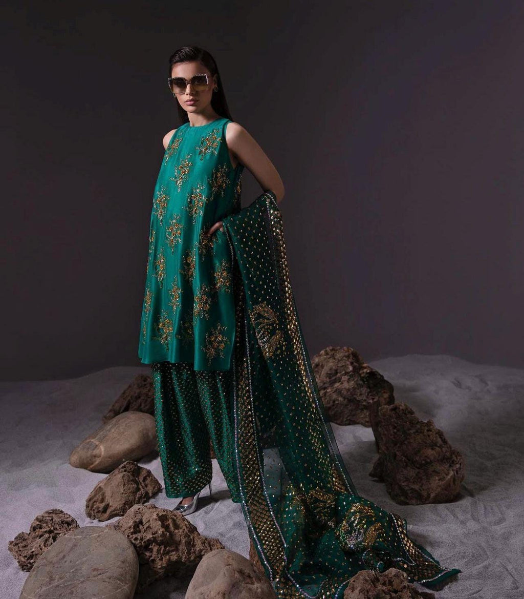 Handcrafted Raw Silk Farshi Shalwar Suit: Pakistani Designer Replica