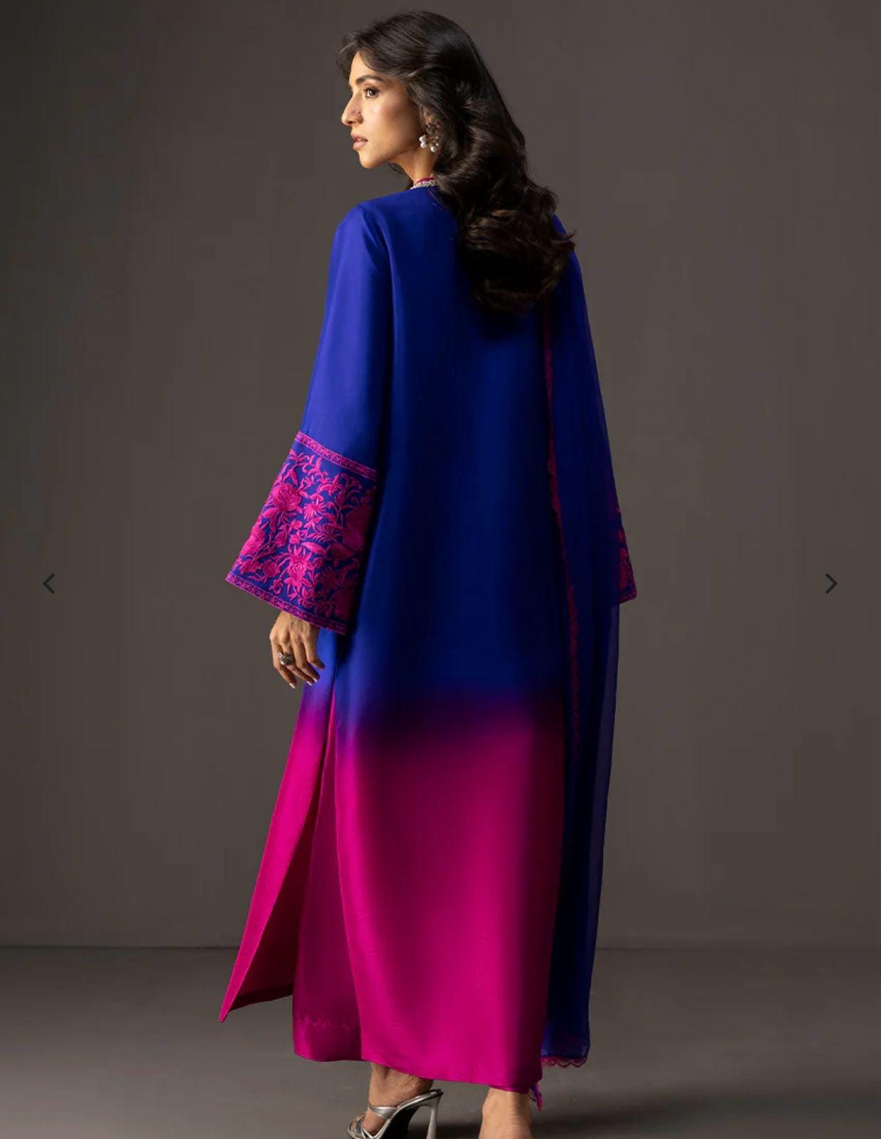 pakistani Ombre Elegance Farshi/long Suit with Embroidered Stone Neckline & Chiffon Dupatta lacing all round
