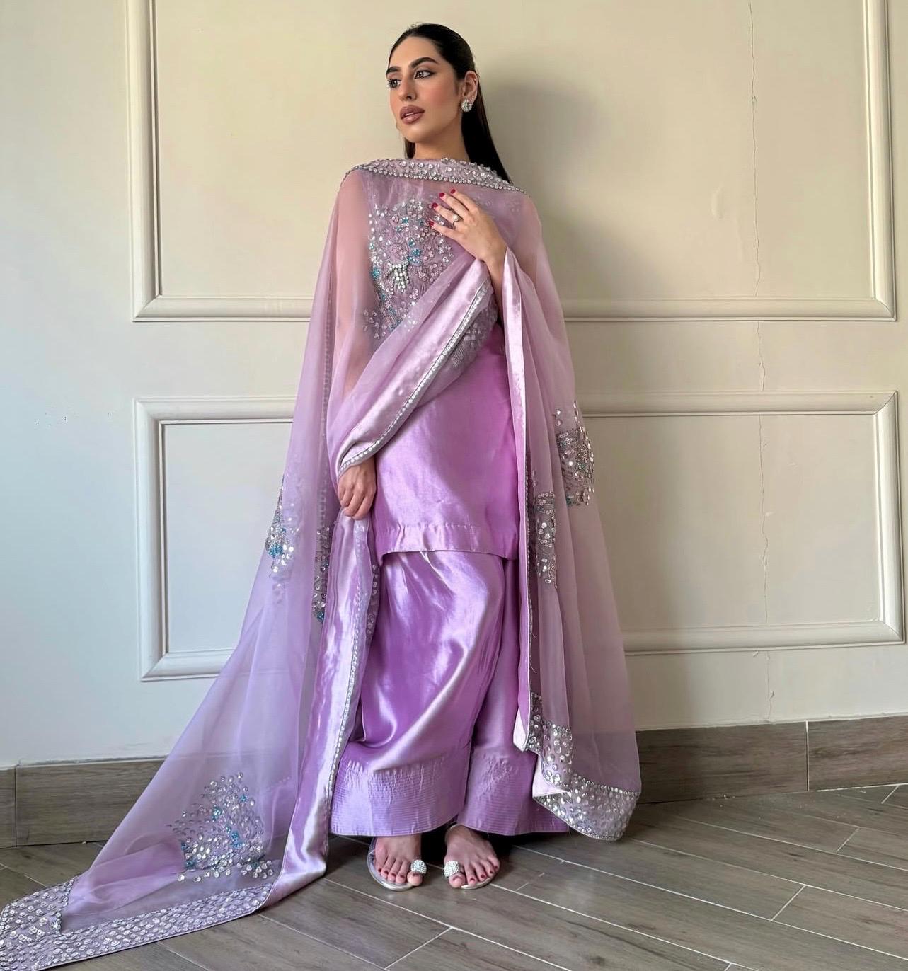 Luxury Pakistani Farshi Shalwar Suit | Sheesha Silk & Organza | Handmade rhinestones sequins
