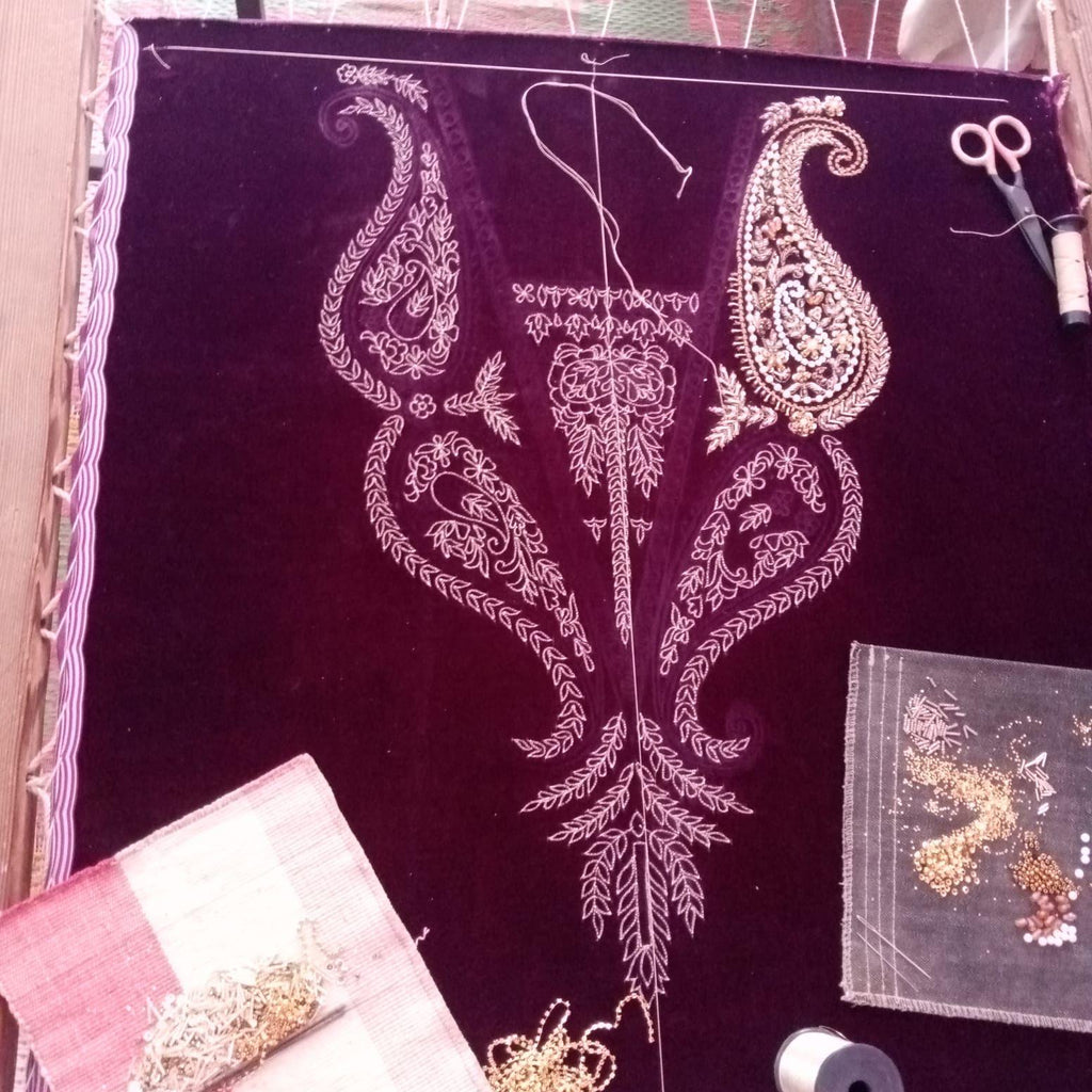Velvet 3-Piece Set: Hand-Embroidered Zardozi work & Chiffon Dupatta silk bottoms asian pakistani attire eid milad parties