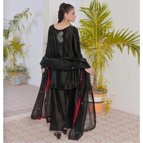 made to order Pakistani Farshi Suit: Hand-Embroidered 3-Piece Outfit red n black stunning classy eid party wear
