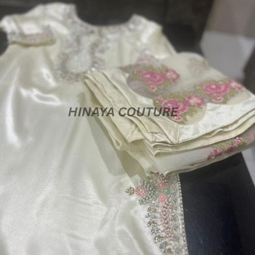 Ivory soft Sheesha Silk Pakistani Suit hand Embroidered 3-Piece Farshi shalwar n short shirt uk,usa,europe desi attire wedding style