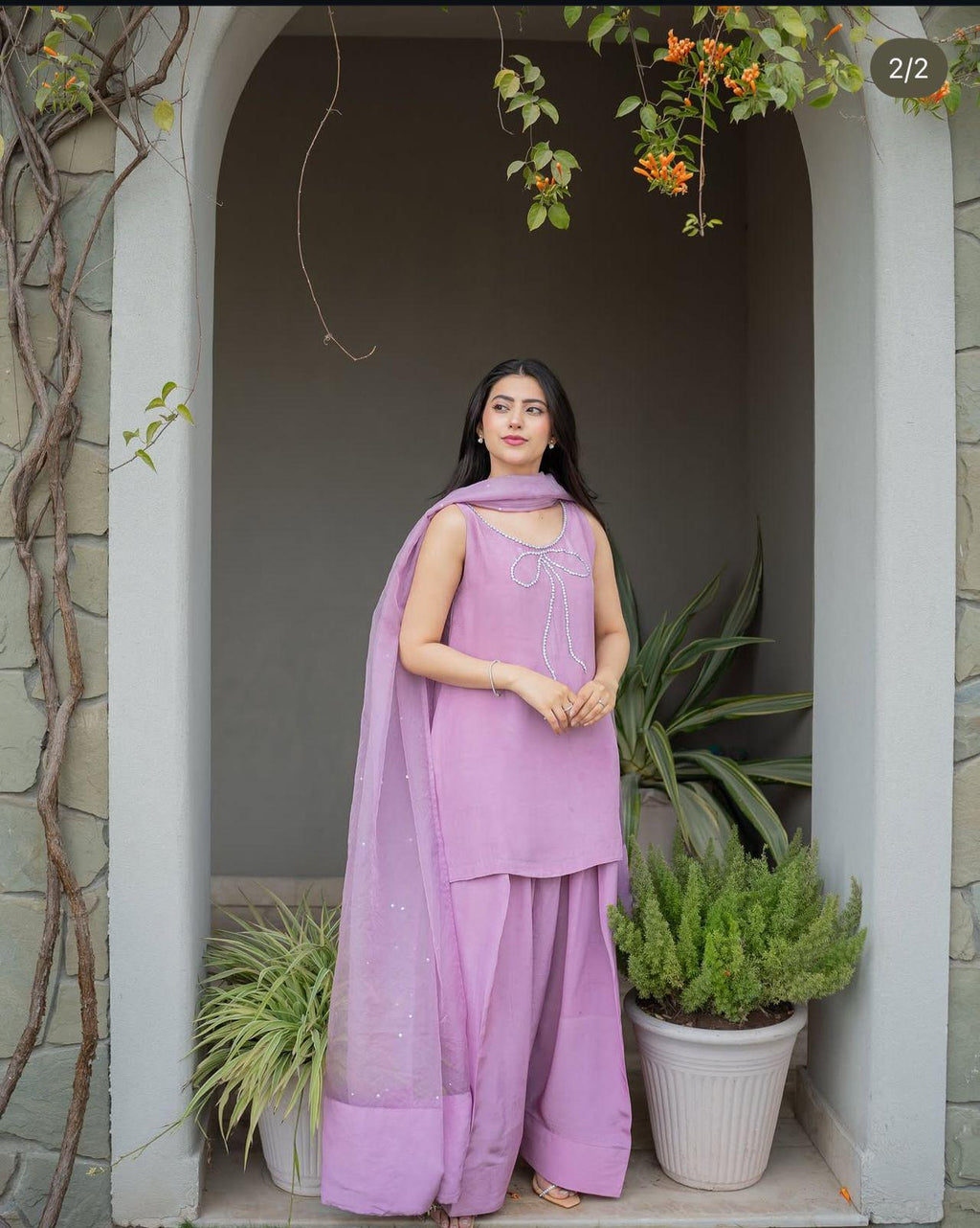 Pakistani FARSHI lama Silk Two-Piece Shalwar Kameez with Organza Dupatta & Elegant silver Bow Neckline,stunning graceful look muslims lovers