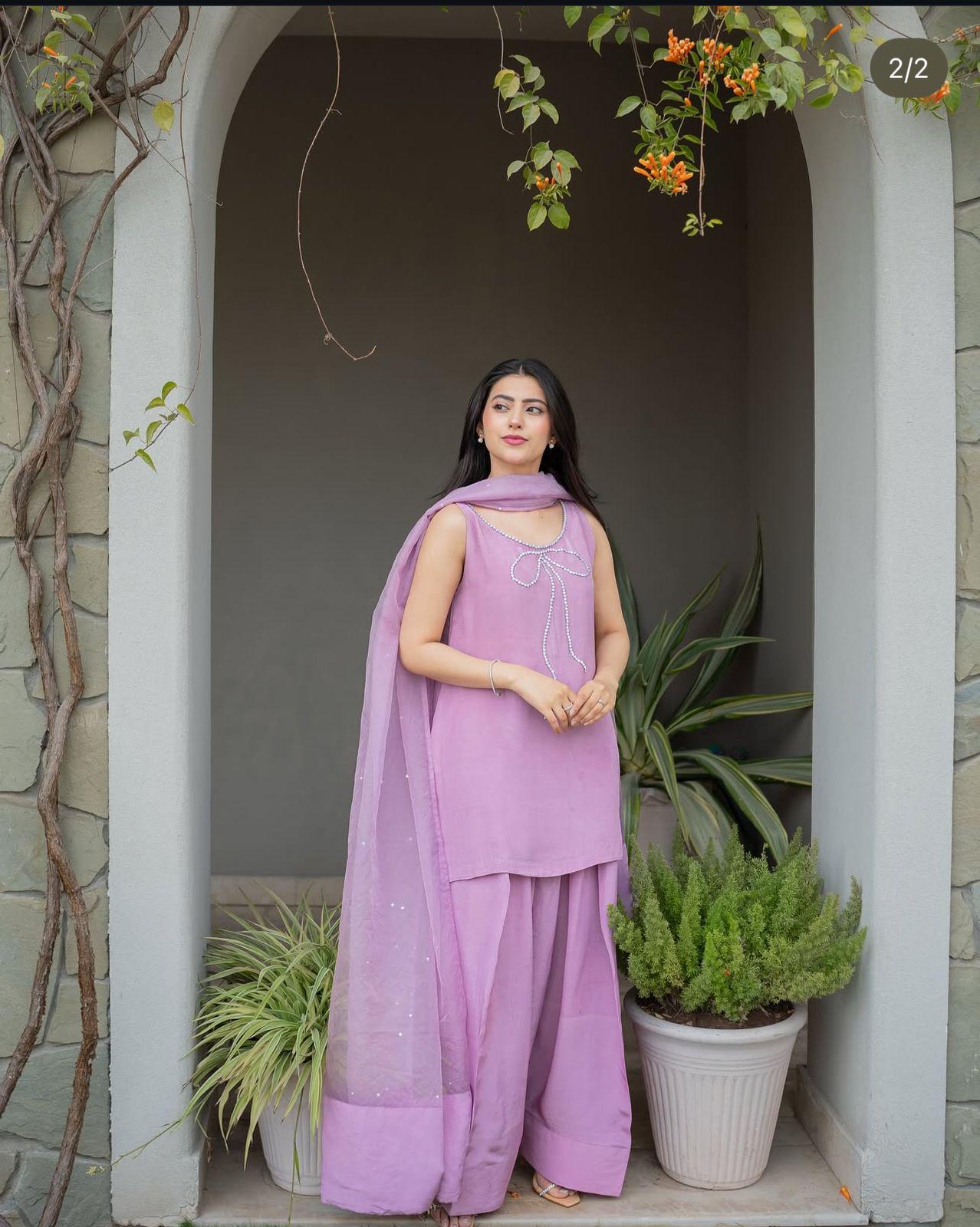 Pakistani FARSHI lama Silk Two-Piece Shalwar Kameez with Organza Dupatta & Elegant silver Bow Neckline,stunning graceful look muslims lovers
