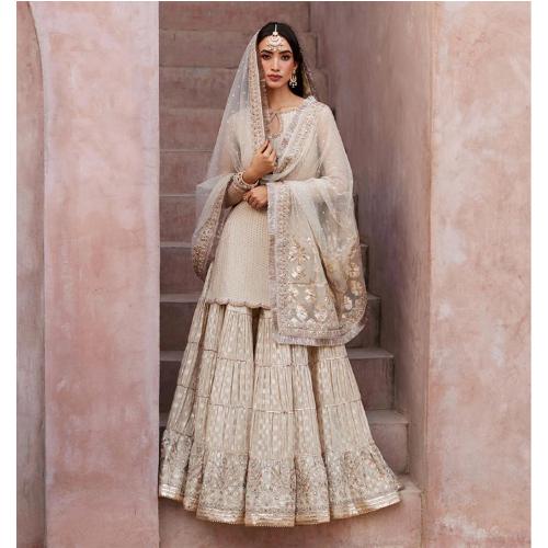 Mint Green and gold Party Wear Outfit: Embroidered Chiffon Shirt, Banarasi Garara patchwork pakistani n indian attire, nikah muslims-