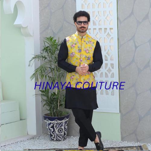 Jet Black men pakistani n indian Shalwar Kurta with Black & Yellow Embroidered Waistcoat