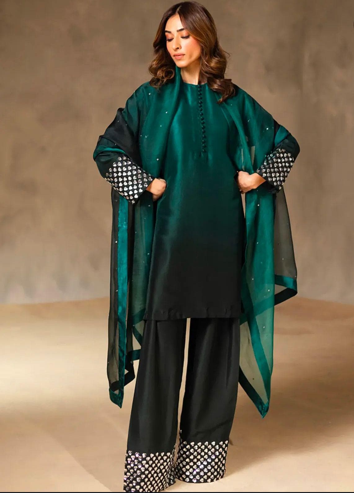 Emerald Elegance – gold sequins Work Formal Ensemble- 3piece FARSHI shalwar pakistani indian suit best for UK-USA-Canadian-Europe lovers