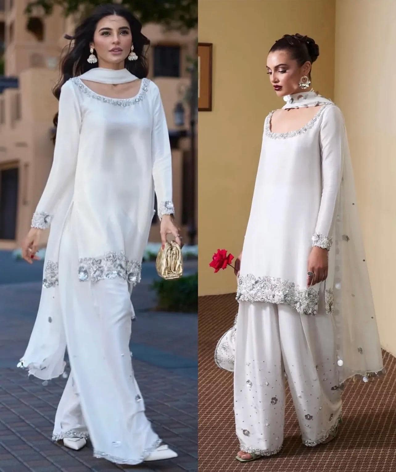 White Zardozi Silk Set with Dupatta & Pouch – Festive Luxury Pakistani 4piece farshi shalwar set