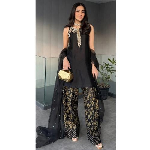 Handmade Farshi Pakistani Outfit: jet black Banarsi Shalwar, Sequins Organza Dupatta stunning festive collection for uk lovers,indian attire