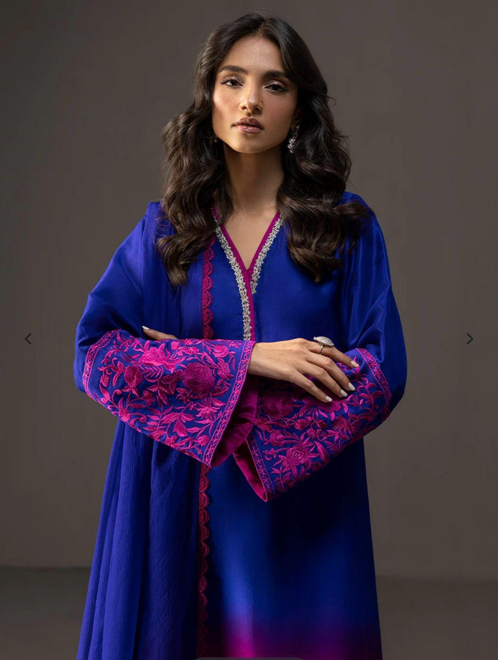 pakistani Ombre Elegance Farshi/long Suit with Embroidered Stone Neckline & Chiffon Dupatta lacing all round