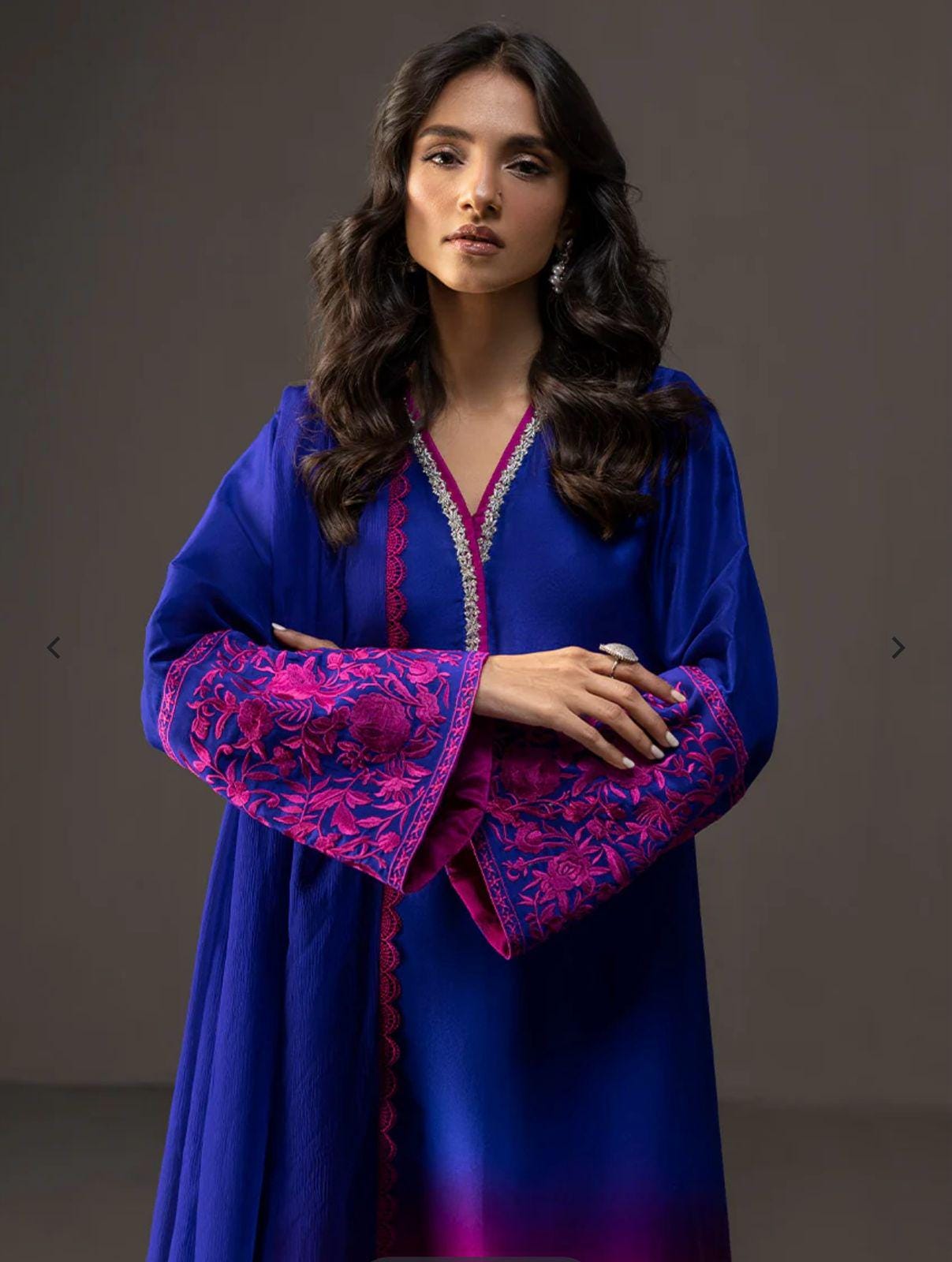 pakistani Ombre Elegance Farshi/long Suit with Embroidered Stone Neckline & Chiffon Dupatta lacing all round