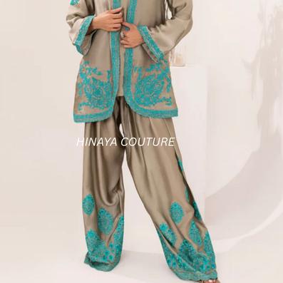 Jade Silk Farshi Shalwar 3pc Set: Embroidered Pakistani desi Outfit-best for social gathering eid parties uk indian attire