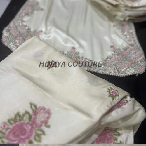 Ivory soft Sheesha Silk Pakistani Suit hand Embroidered 3-Piece Farshi shalwar n short shirt uk,usa,europe desi attire wedding style