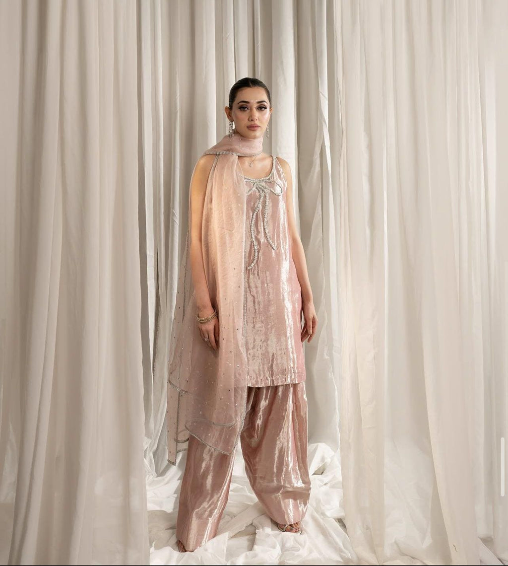 Pakistani FARSHI lama Silk Two-Piece Shalwar Kameez with Organza Dupatta & Elegant silver Bow Neckline,stunning graceful look muslims lovers