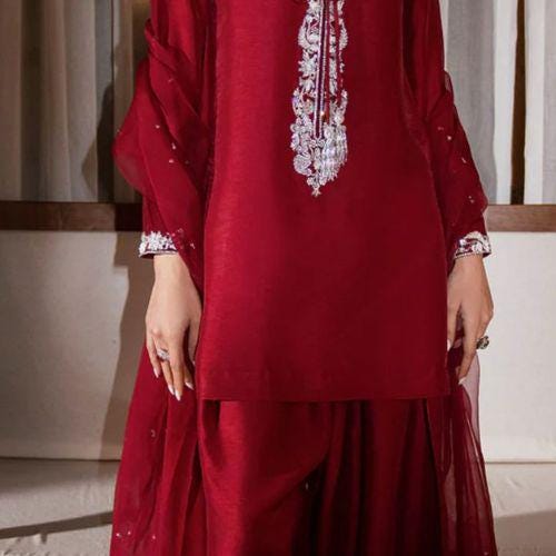 Pakistani maroon red premium Silk handwork FARSHI Shalwar Two-Piece Outfit with Organza Dupatta for EID-parties-weddings,meetups gift dawat
