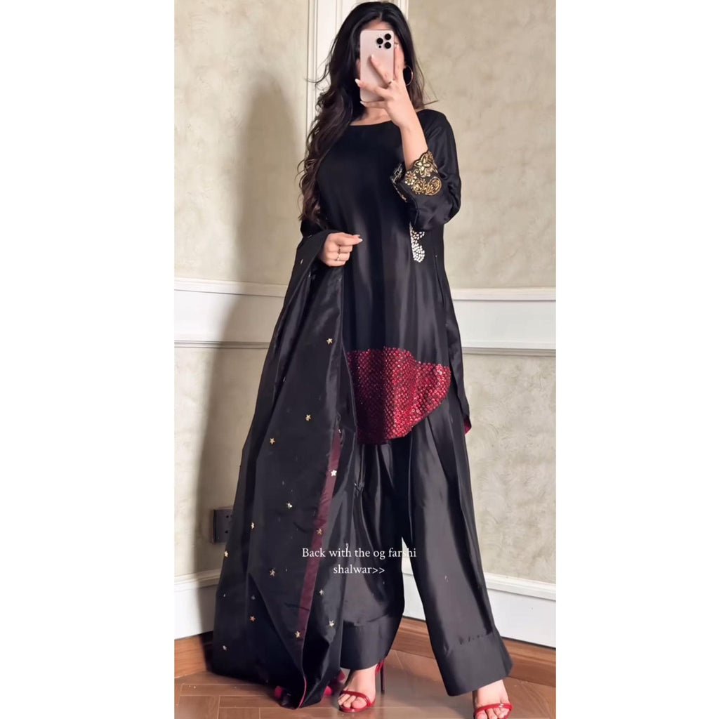 made to order Pakistani Farshi Suit: Hand-Embroidered 3-Piece Outfit red n black stunning classy eid party wear