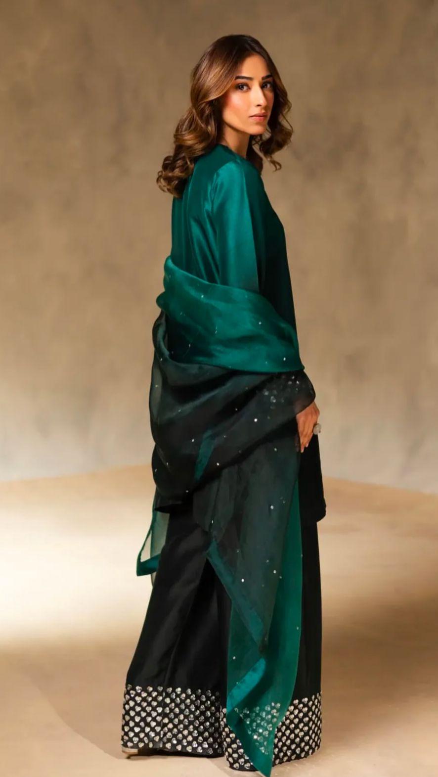Emerald Elegance – gold sequins Work Formal Ensemble- 3piece FARSHI shalwar pakistani indian suit best for UK-USA-Canadian-Europe lovers