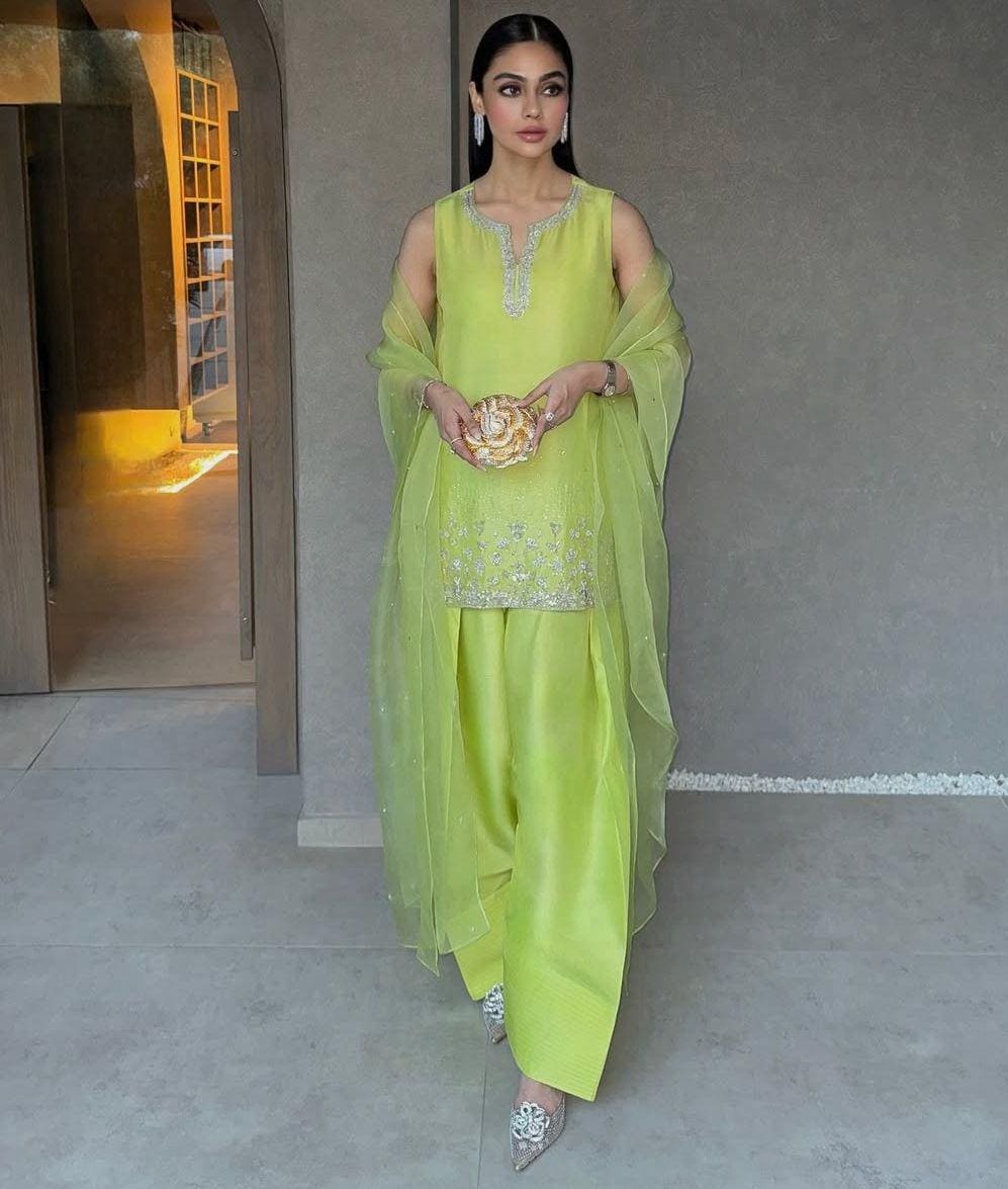 Lime Green Silk Farshi Shalwar Suit: Silver handcrafted Embroidery, Rhinestone Detail pakistani desi attire