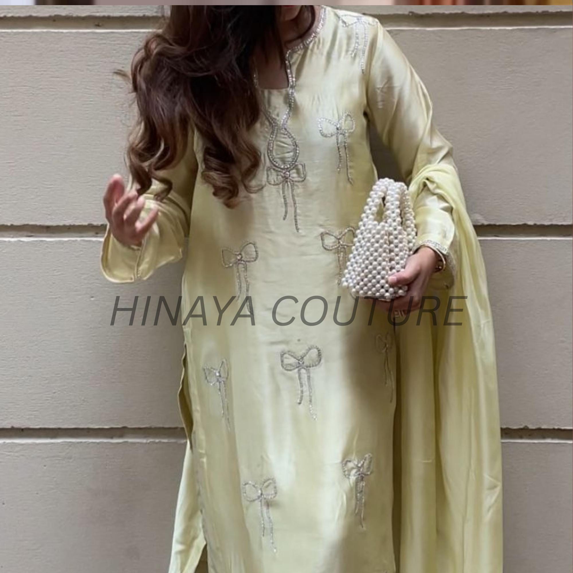 butter Yellow Bow Silk Pakistani 3-Piece Outfit: Rhinestone Detail Farshi short shirt,Eid party wear ethnic style desi indian attire