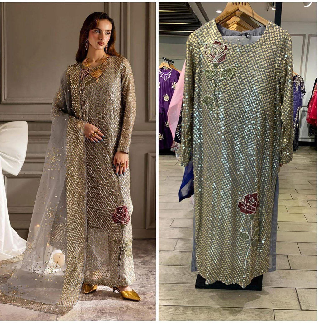 Rose Éclat – Sequined Chiffon Elegance in Nude with Handcrafted Silk & Organza Detailing party wear