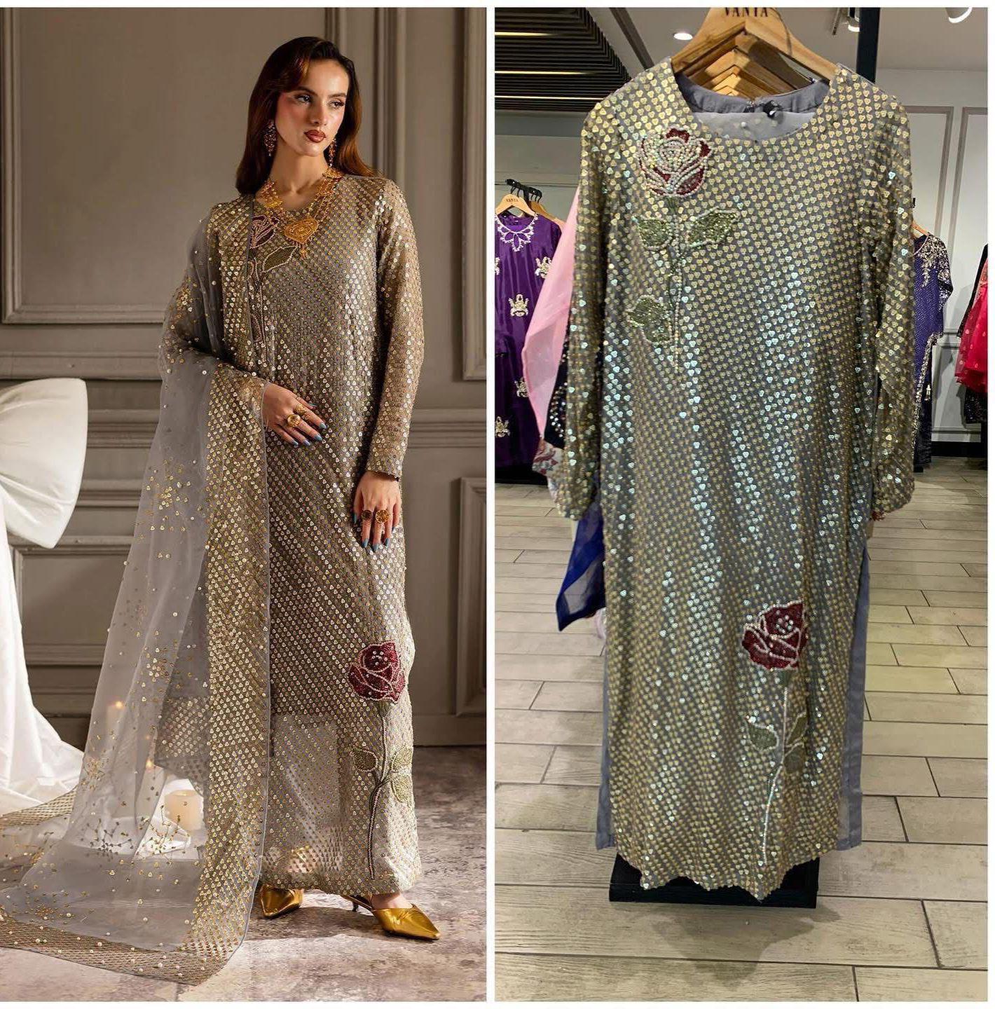 Rose Éclat – Sequined Chiffon Elegance in Nude with Handcrafted Silk & Organza Detailing party wear