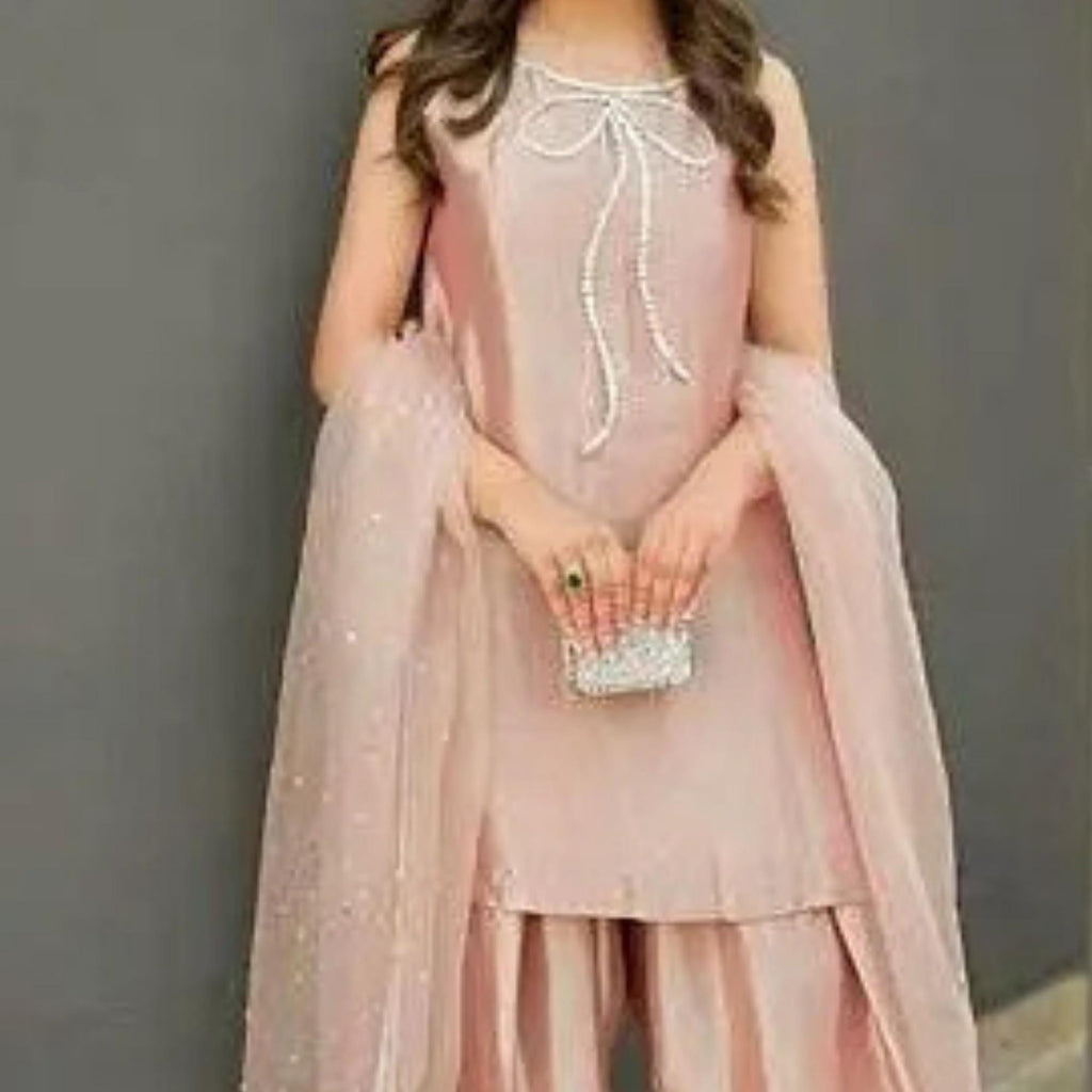 Pakistani FARSHI lama Silk Two-Piece Shalwar Kameez with Organza Dupatta & Elegant silver Bow Neckline,stunning graceful look muslims lovers