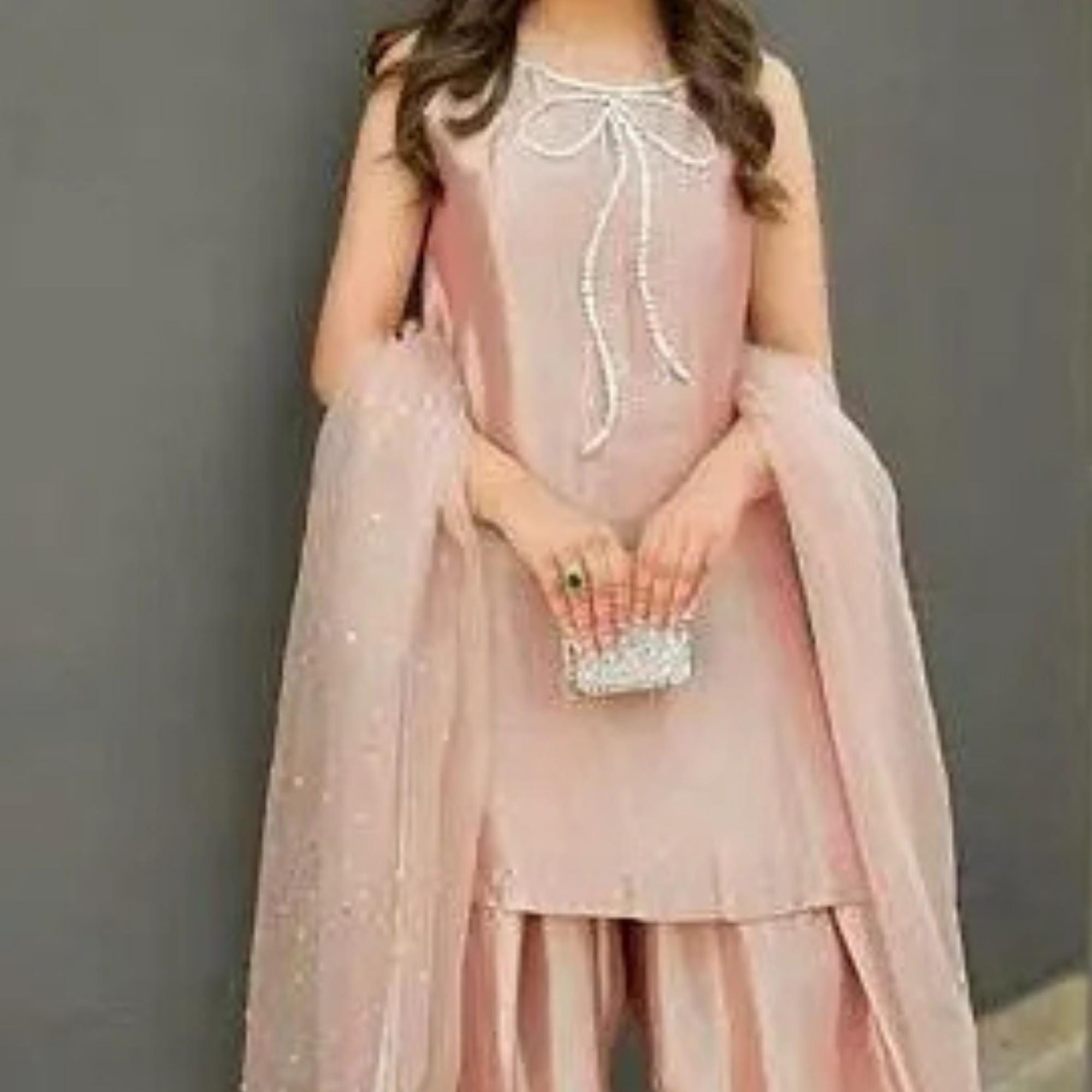 Pakistani FARSHI lama Silk Two-Piece Shalwar Kameez with Organza Dupatta & Elegant silver Bow Neckline,stunning graceful look muslims lovers