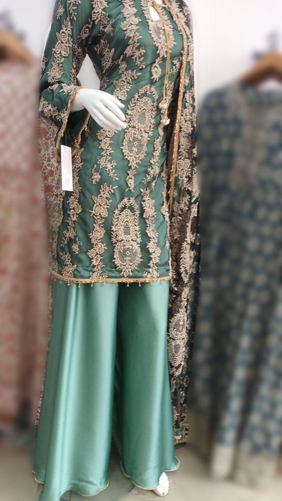 pakistani party wear shadi/wedding/nikah 3 piece plazo-garara-farshi shalwar lehenga garara embroidered suit