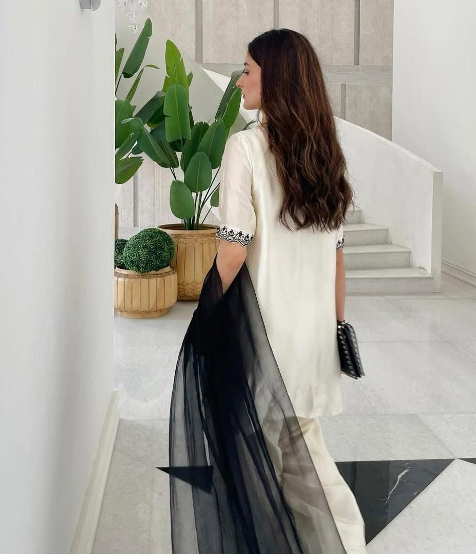 Black & White premiumi silk Farshi Shalwar Suit: Pakistani Inspired 3-Piece Ensemble