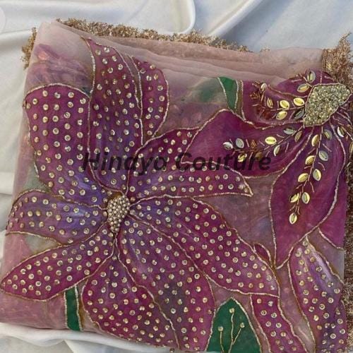 Hand-Painted Organza Dupatta: Zardozi Embellished Pakistani Party Wear-Handcrafted with zardozi,naqshi,beads,cutdana,pearls and rhinestones