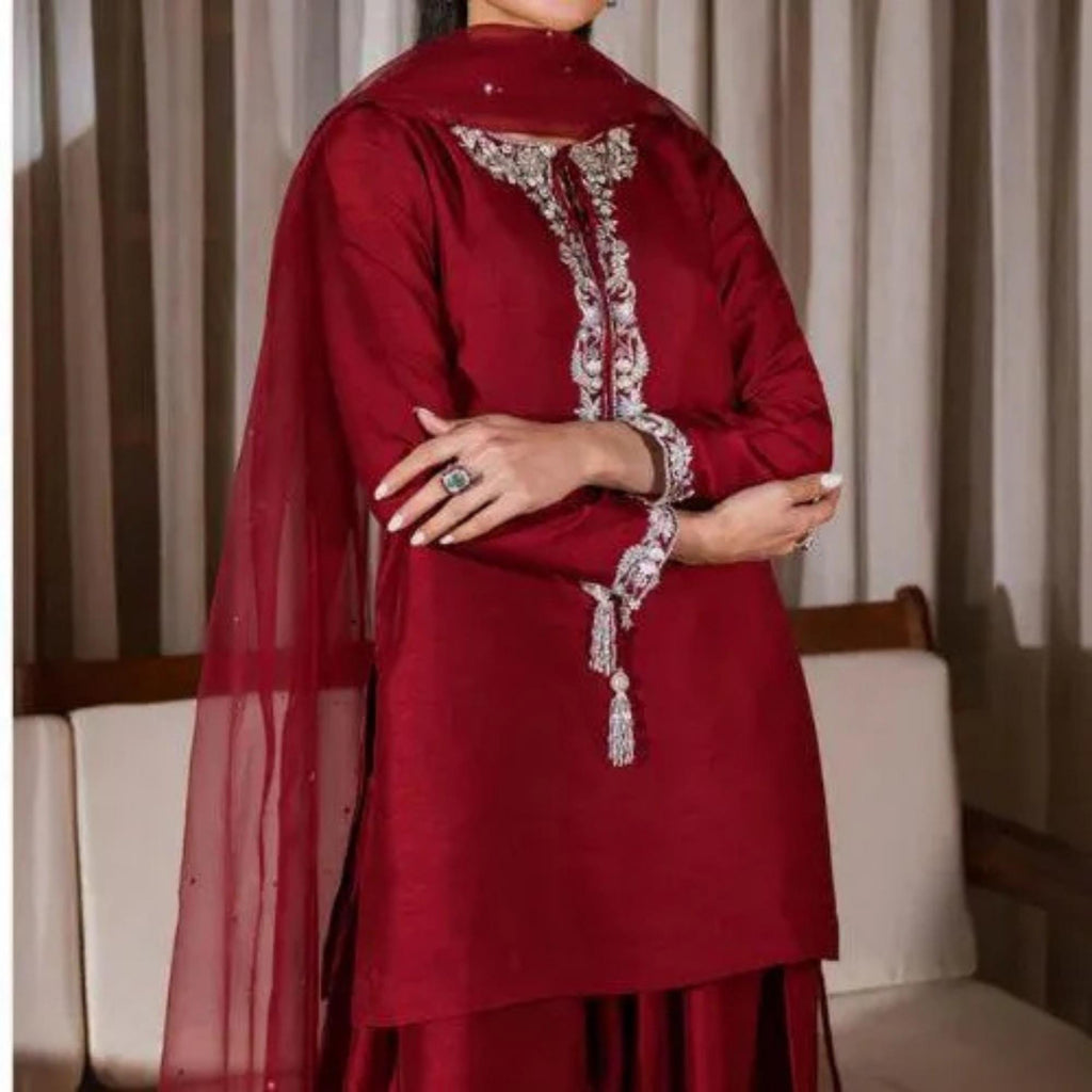Pakistani maroon red premium Silk handwork FARSHI Shalwar Two-Piece Outfit with Organza Dupatta for EID-parties-weddings,meetups gift dawat