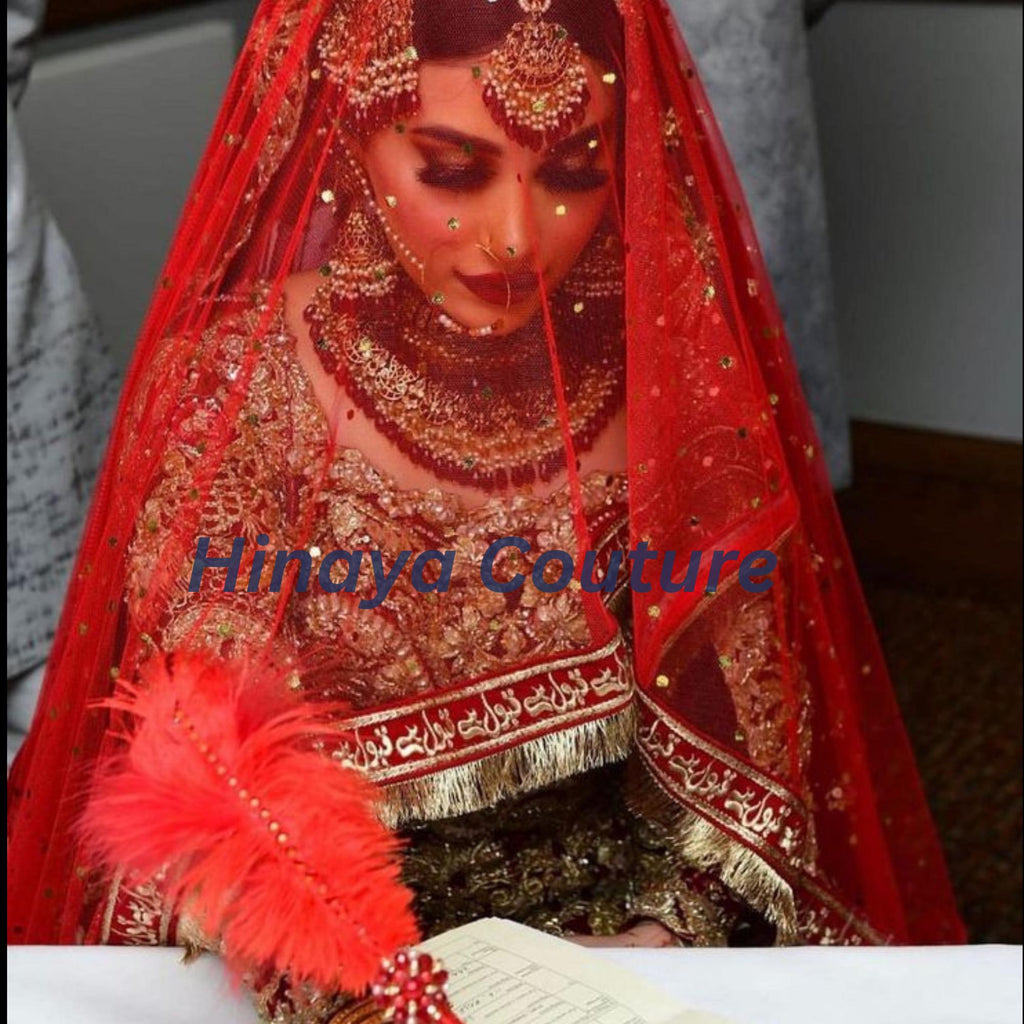 Exquisite Asian Bridal Dupatta / Veil, with scallop lace, aari,sequins,pearls work. Delicately handcrafted to perfection long trail
