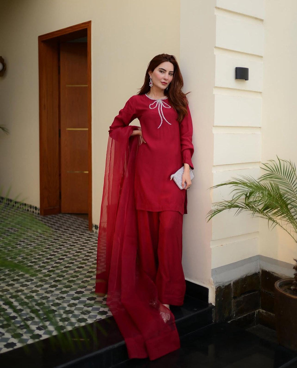 Pakistani FARSHI lama Silk Two-Piece Shalwar Kameez with Organza Dupatta & Elegant silver Bow Neckline,stunning graceful look muslims lovers