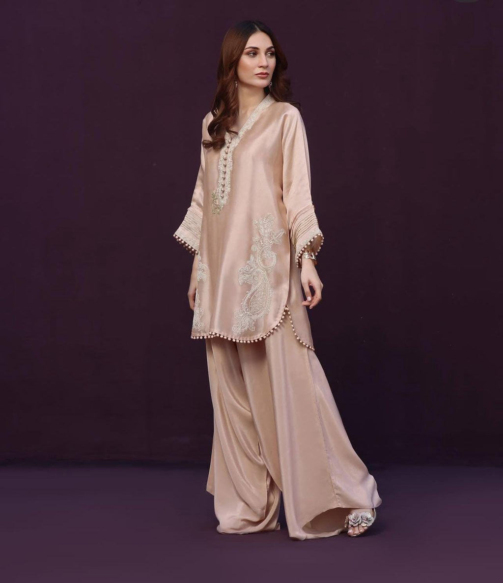 ivory Embroidered nude colour Silk Farshishalwar Set: Pakistani Plazo Suit, Wedding Party Eid Outfit, uk eid parties