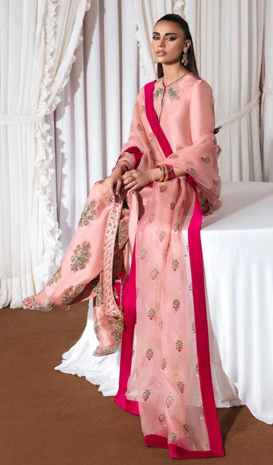 Pakistani Farshi Blockprint Zari Zardozi hand Embroidery, sheesha shamose silk with beautiful tassels organza dupatta uk n usa desi attire