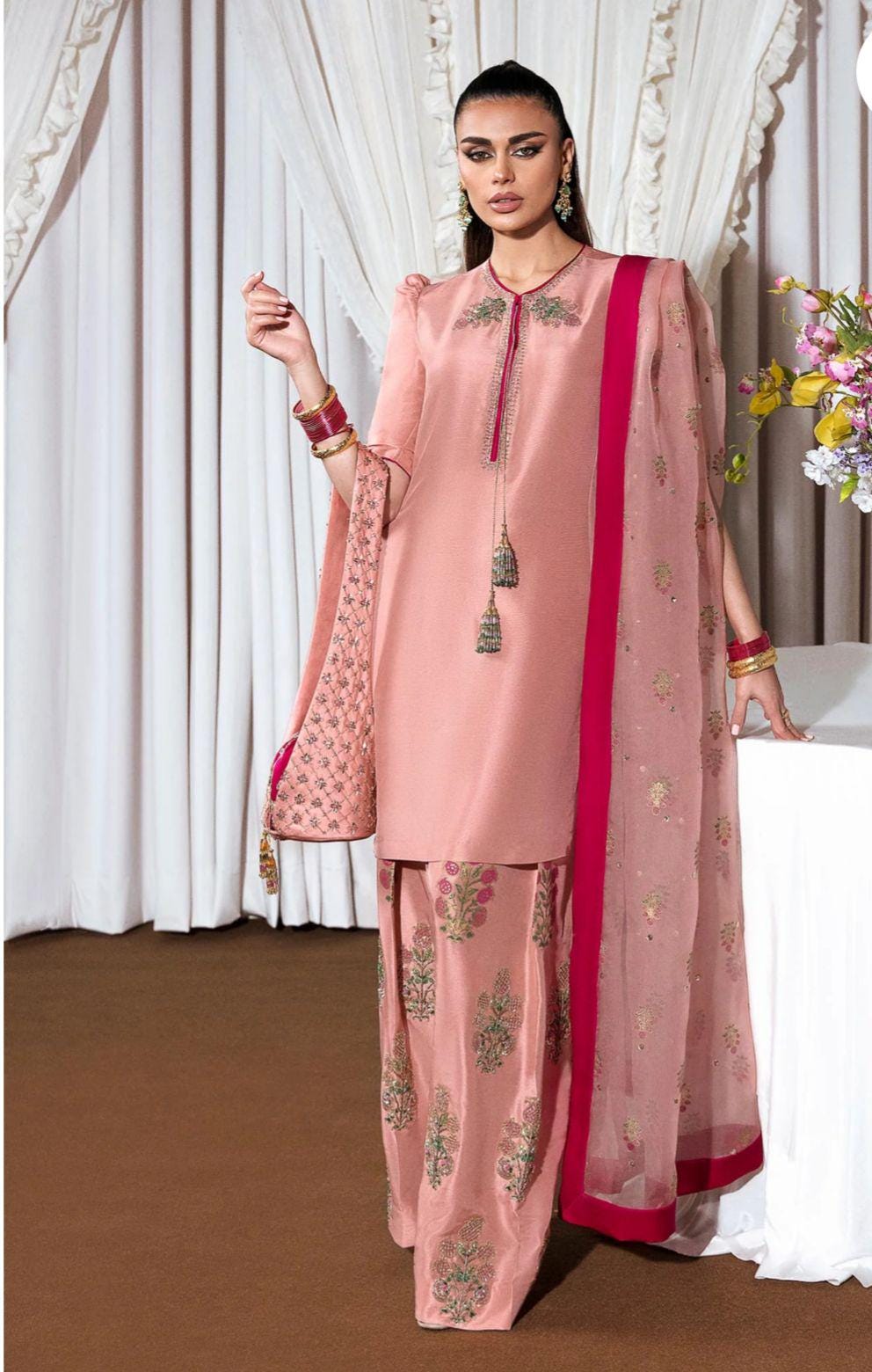 Pakistani Farshi Blockprint Zari Zardozi hand Embroidery, sheesha shamose silk with beautiful tassels organza dupatta uk n usa desi attire