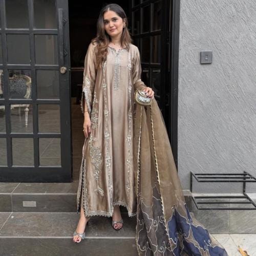 Luxury Handcrafted Shisha Silk Pakistani Suit | 3-Piece Blue & Gold Outfit with Organza Dupatta | Wedding Eid Diwali Dress for Women
