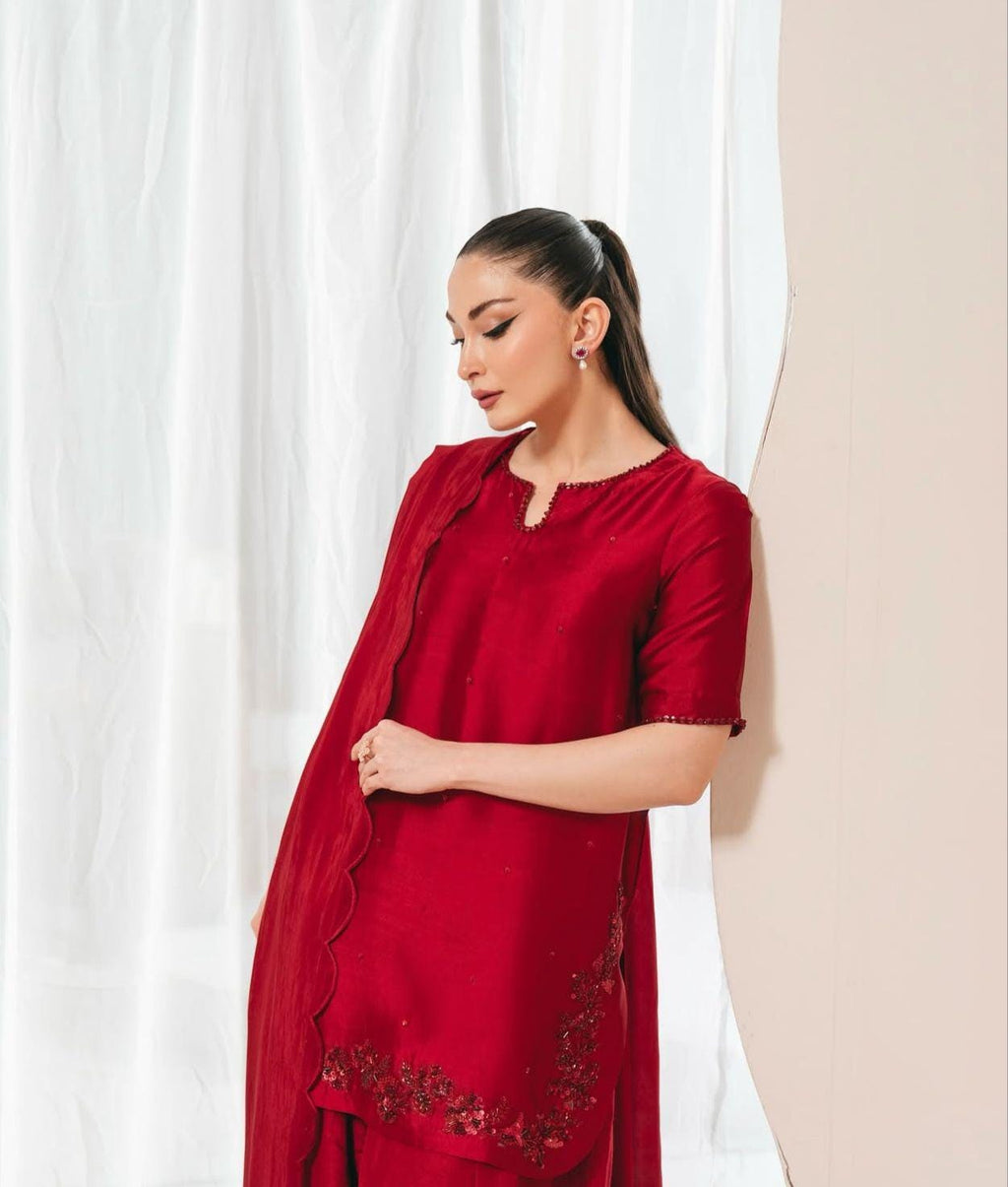 Cherry Red sheesha silk pakistani Eid Farshi Shalwar 3-Piece Outfit for UK,USA,Canada,Norway,Europe,Germany desi attire with silk dupatta