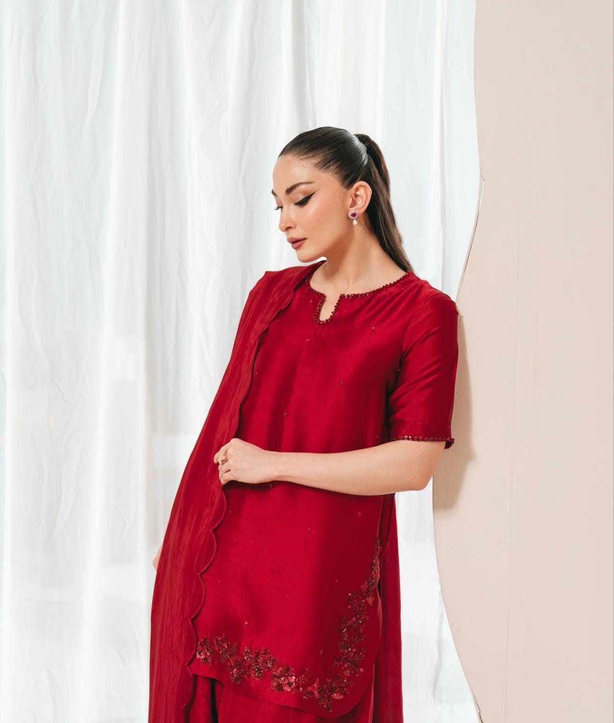 Cherry Red sheesha silk pakistani Eid Farshi Shalwar 3-Piece Outfit for UK,USA,Canada,Norway,Europe,Germany desi attire with silk dupatta