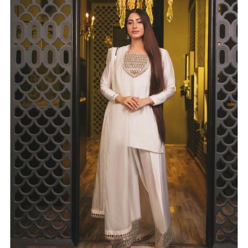 Pakistani indian Luxury FARSHI shalwar Mirror Work Dress in Shisha Silk – Ivory/White Eid & Wedding Ensemble,viral trending with laces