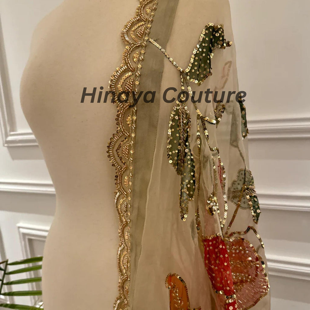 Hand-Painted Organza Dupatta: Zardozi Embellished Pakistani Party Wear-Handcrafted with zardozi,naqshi,beads,cutdana,pearls and rhinestones