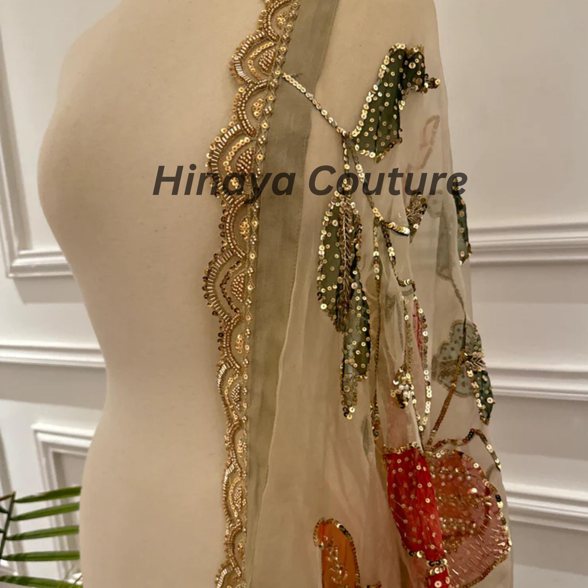 Hand-Painted Organza Dupatta: Zardozi Embellished Pakistani Party Wear-Handcrafted with zardozi,naqshi,beads,cutdana,pearls and rhinestones