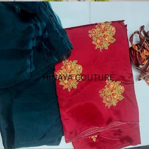 Pakistani Luxury 3-Piece Formal Wear | celebrity Inspired FARSHI Shalwar Set, stunning bloodred and emerald green classy eid n party wear