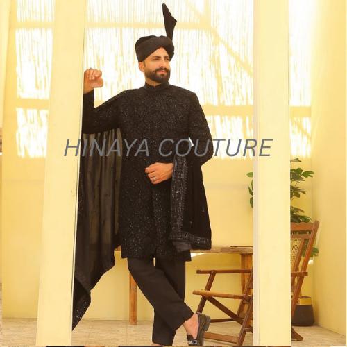 pakistani mens Hand Embroidered Sherwani Prince Coat Set: Black Velvet Shawl Groom Outfit,indian wedding nikah attire