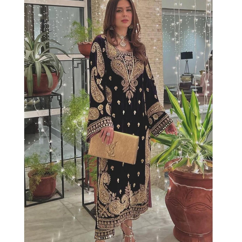 Velvet 3-Piece Set: Hand-Embroidered Zardozi work & Chiffon Dupatta silk bottoms asian pakistani attire eid milad parties