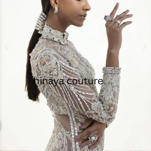 pakistani wedding Handcrafted Ivory Bridal Long Shirt: Rhinestone & Pearl Embellished,adda work,nikah bride indian attire uk asian lovers
