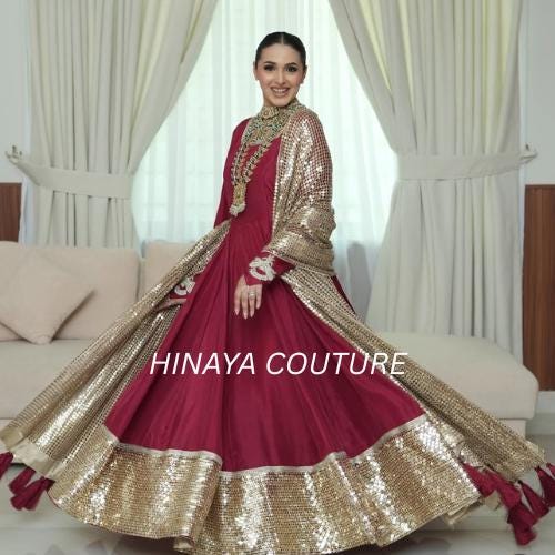 Red Sequin Maxi Dress: Pakistani Wedding, Eid Outfit with Dupatta,anarkali angrakha frock uk dawat indian weddings
