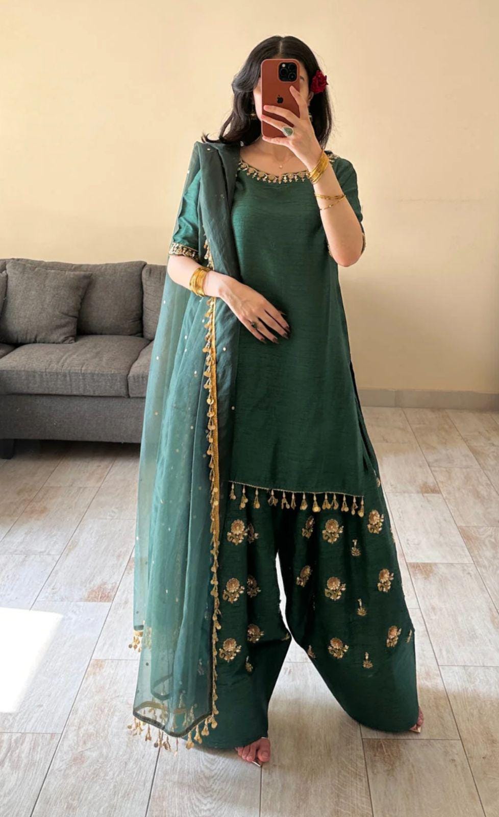 Embroidered Silk Farshi Shalwar Kameez with laces n nice tassels Bottle Green Pakistani Outfit,UK fashion-desi attire,usa parties
